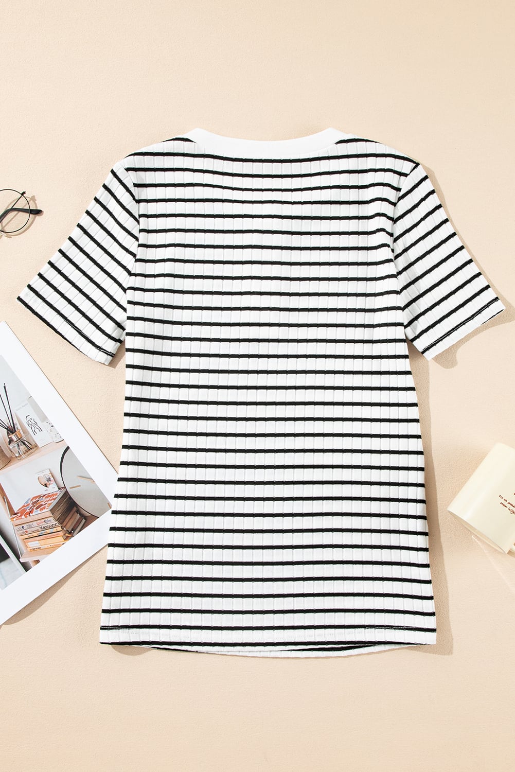 White Stripe Textured Short Sleeve Buttoned Henley Top