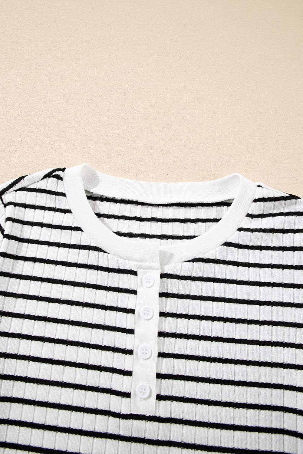 White Stripe Textured Short Sleeve Buttoned Henley Top