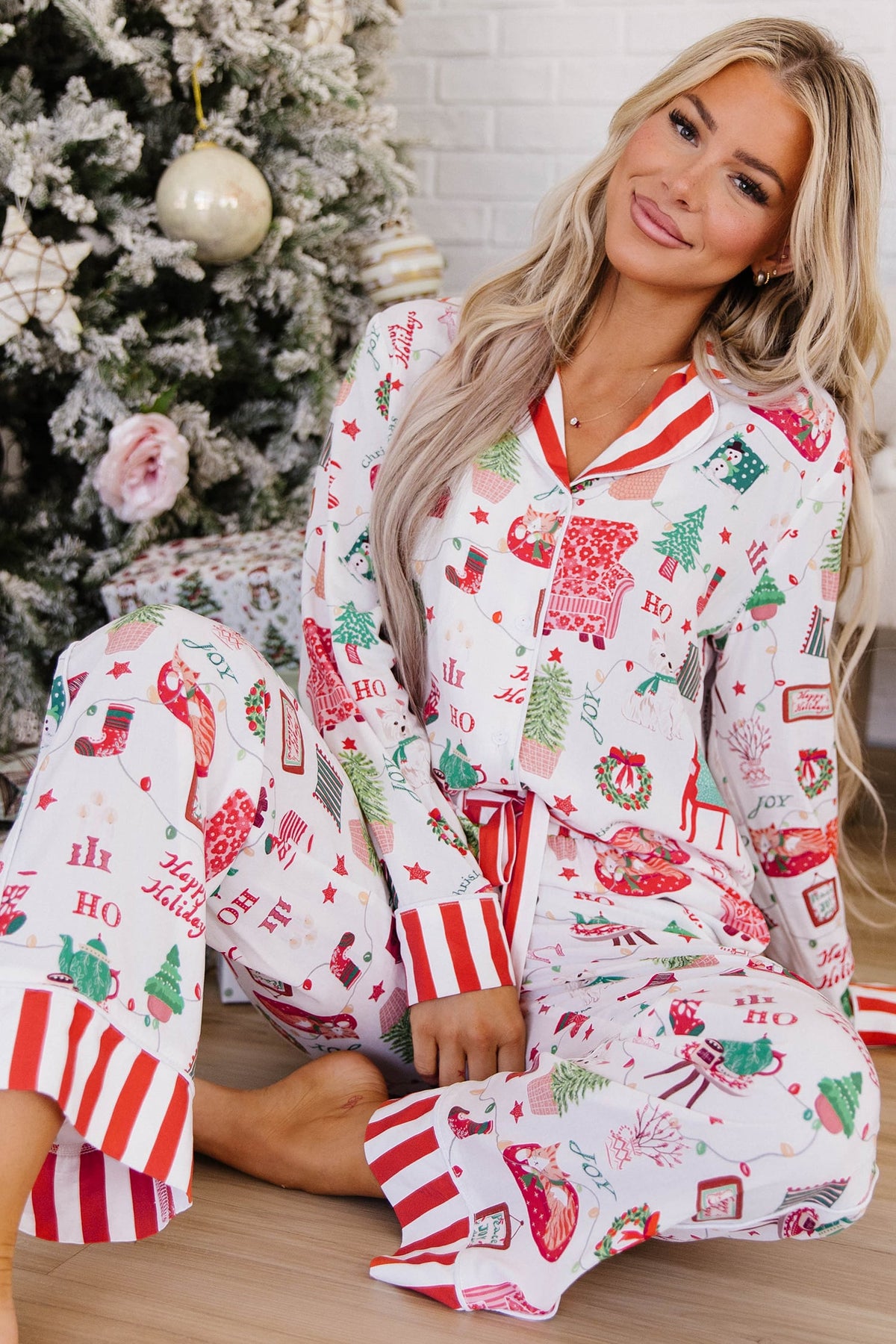 White Striped Holiday Long Sleeve Two Piece Shift Home Wear Lounge Set