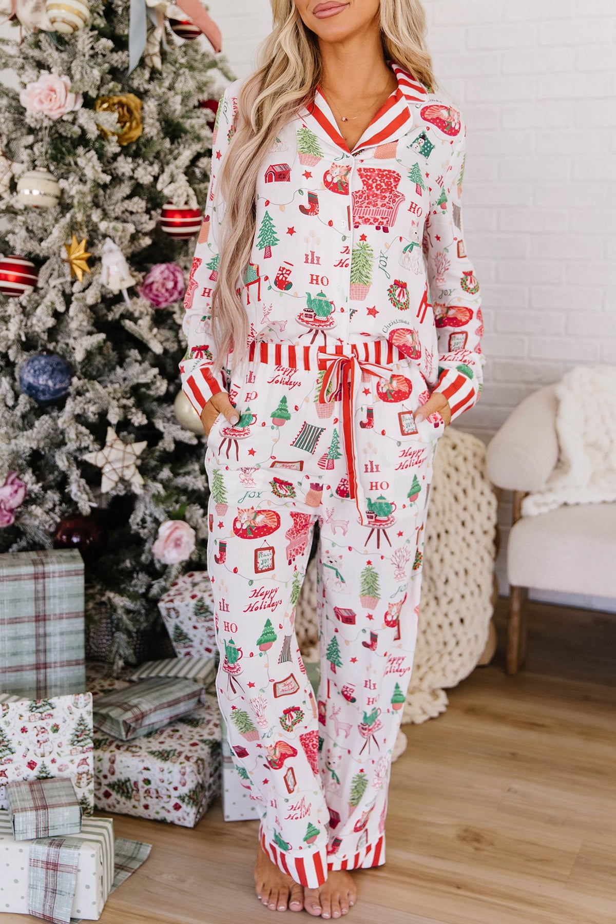 White Striped Holiday Long Sleeve Two Piece Shift Home Wear Lounge Set