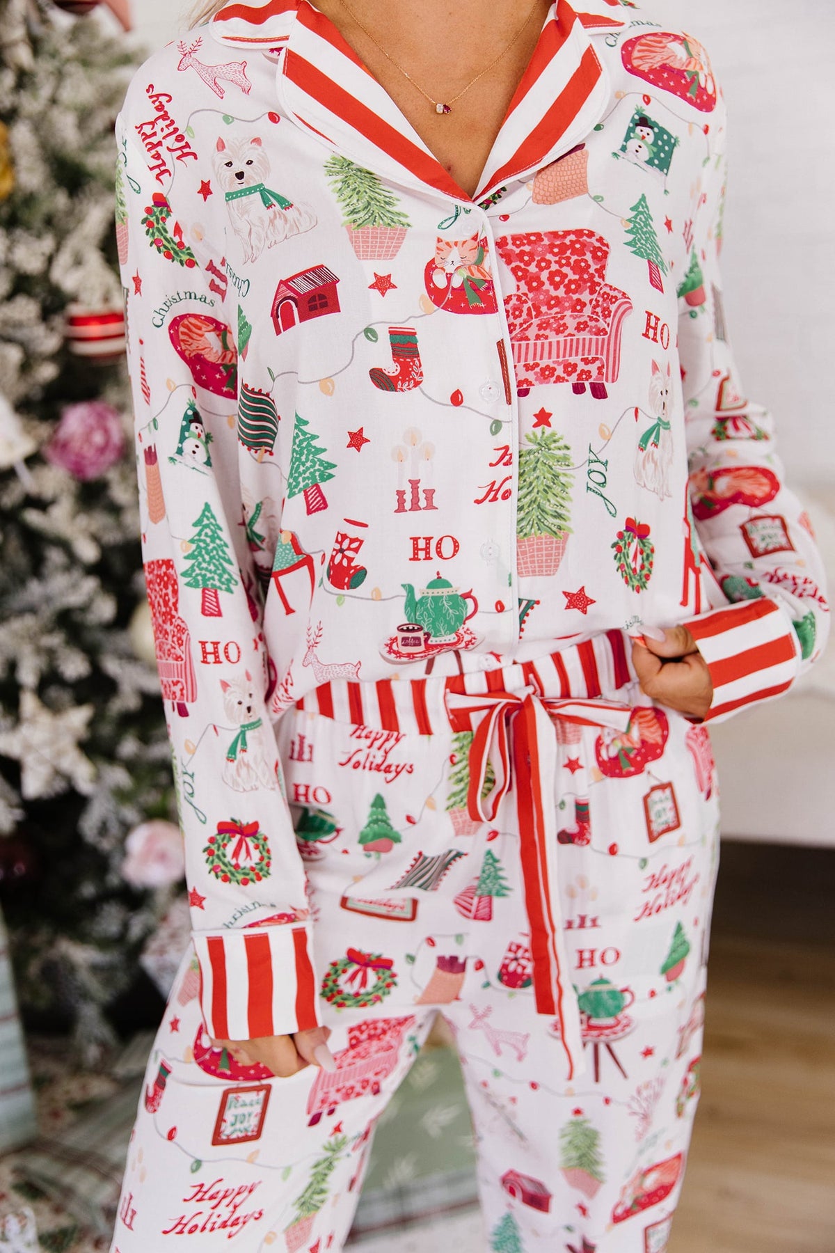 White Striped Holiday Long Sleeve Two Piece Shift Home Wear Lounge Set