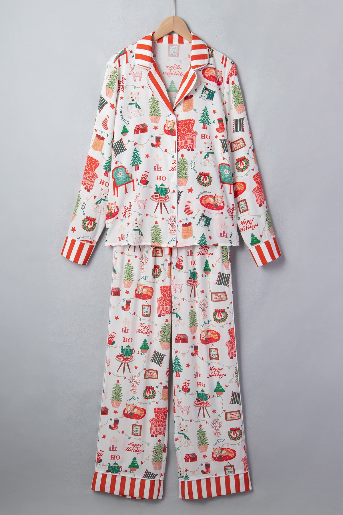 White Striped Holiday Long Sleeve Two Piece Shift Home Wear Lounge Set