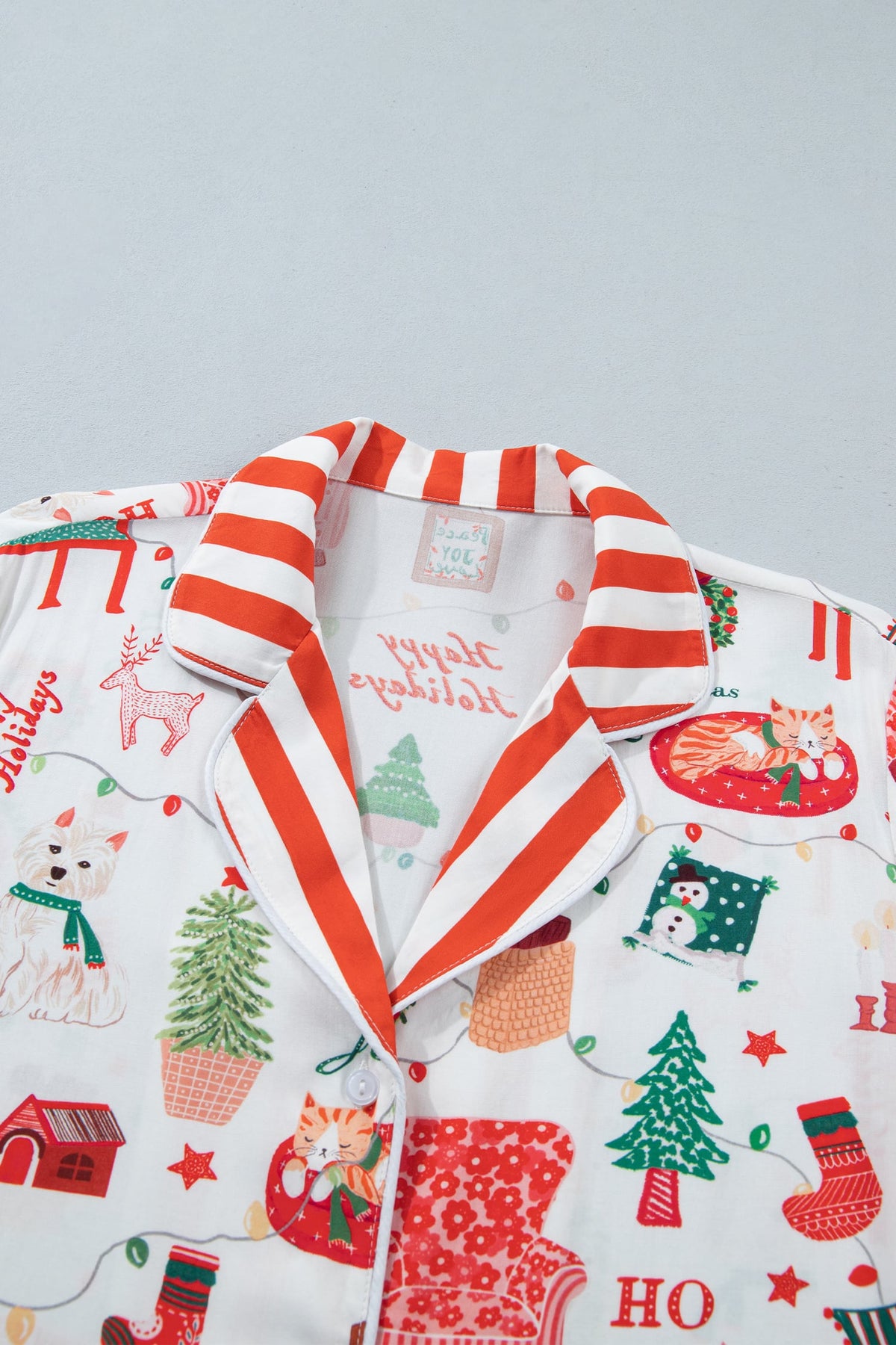 White Striped Holiday Long Sleeve Two Piece Shift Home Wear Lounge Set