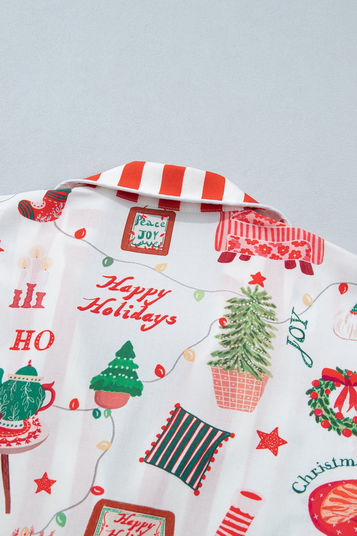 White Striped Holiday Long Sleeve Two Piece Shift Home Wear Lounge Set