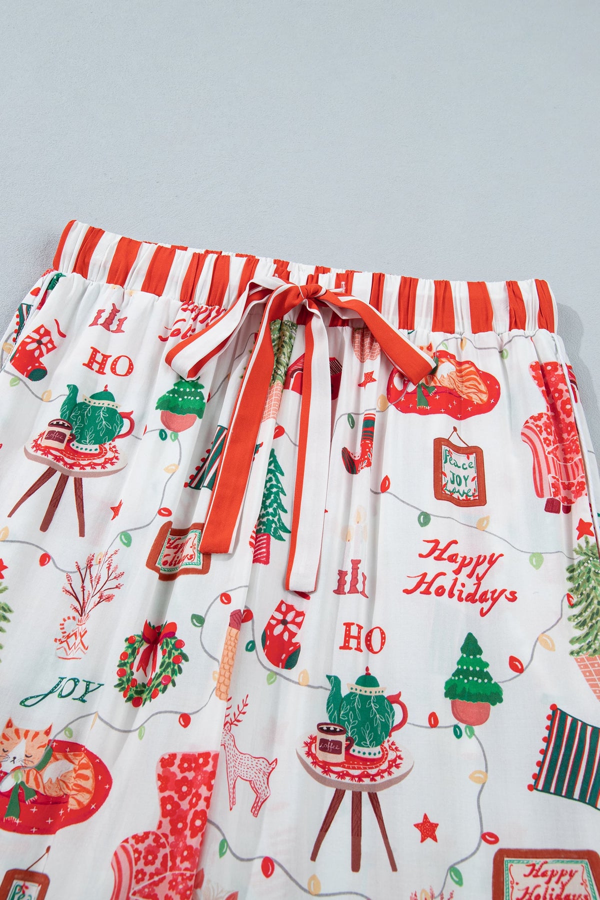 White Striped Holiday Long Sleeve Two Piece Shift Home Wear Lounge Set
