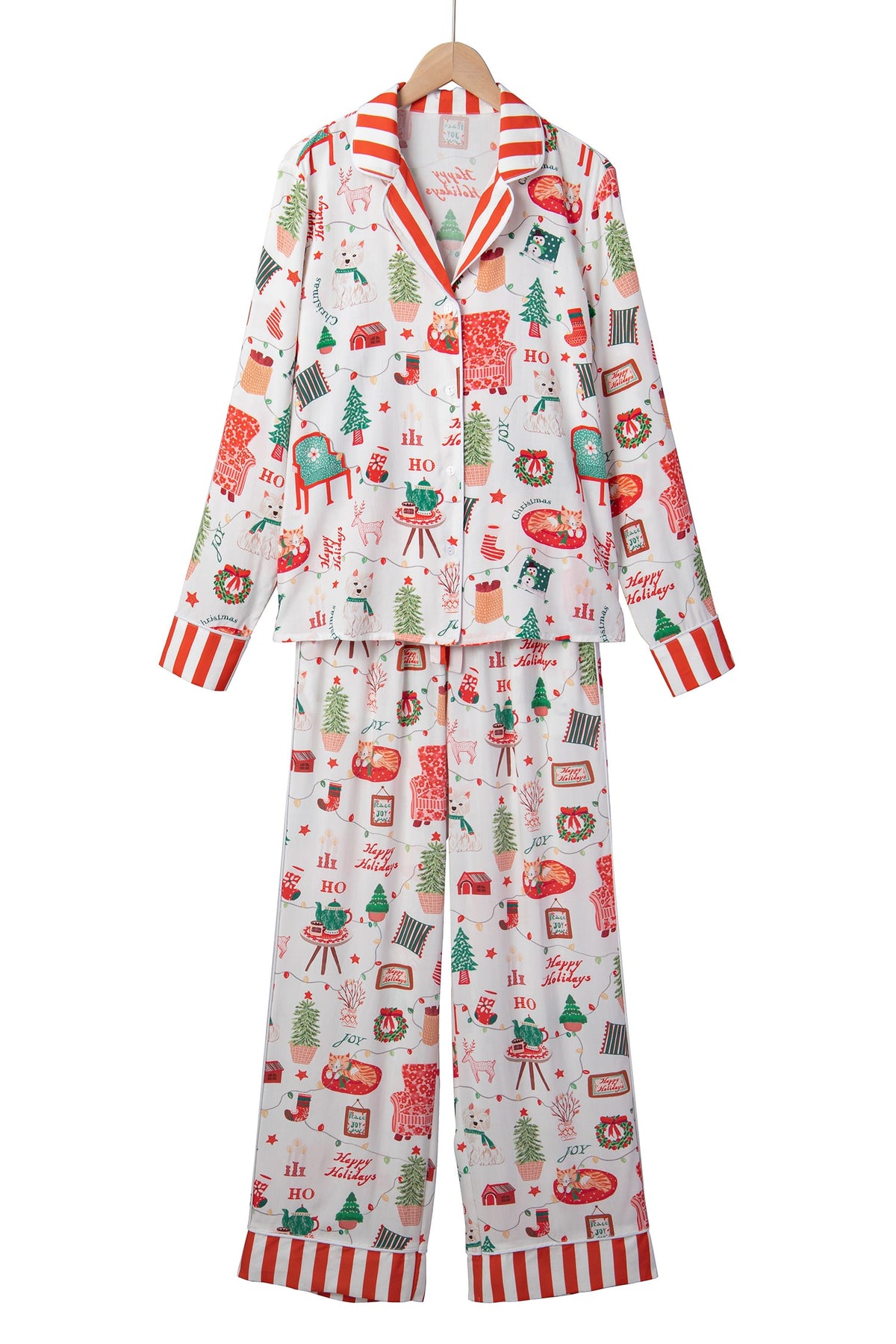 White Striped Holiday Long Sleeve Two Piece Shift Home Wear Lounge Set