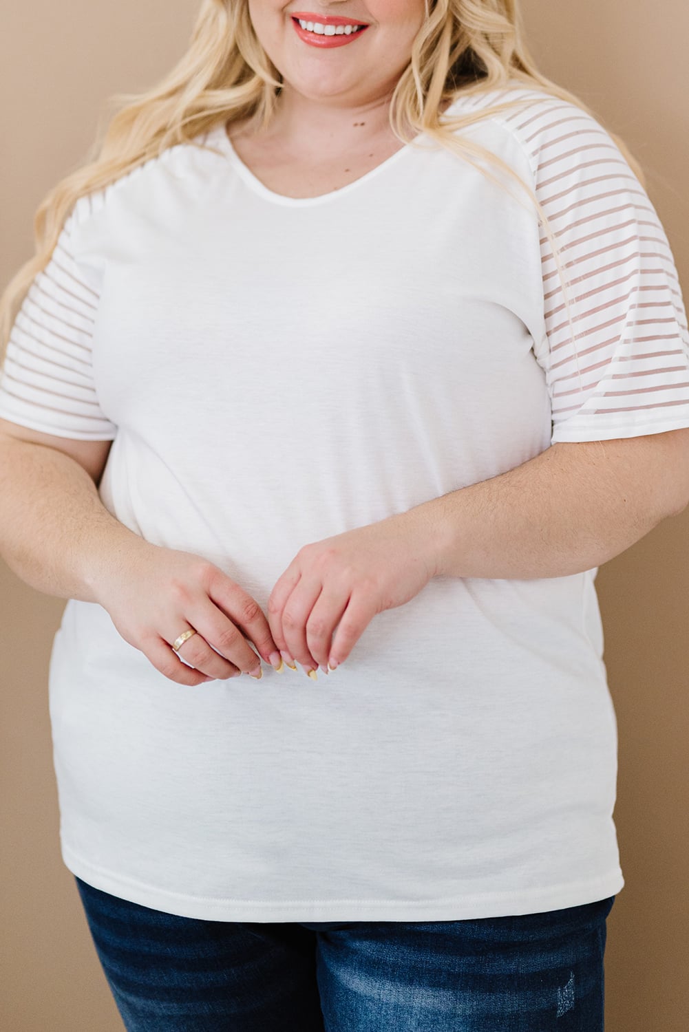 White Striped Raglan Sleeve Plus Size Tee