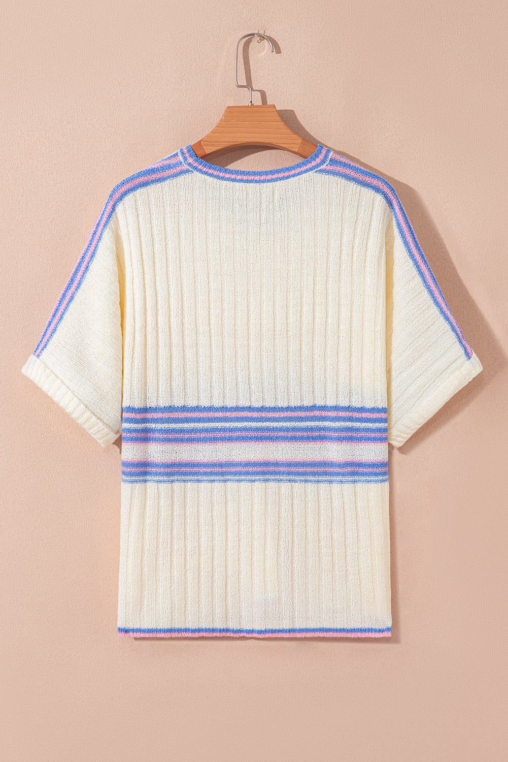 White Striped V Neck Dolman Sleeve Rib Knit Oversized Sweater with Slits