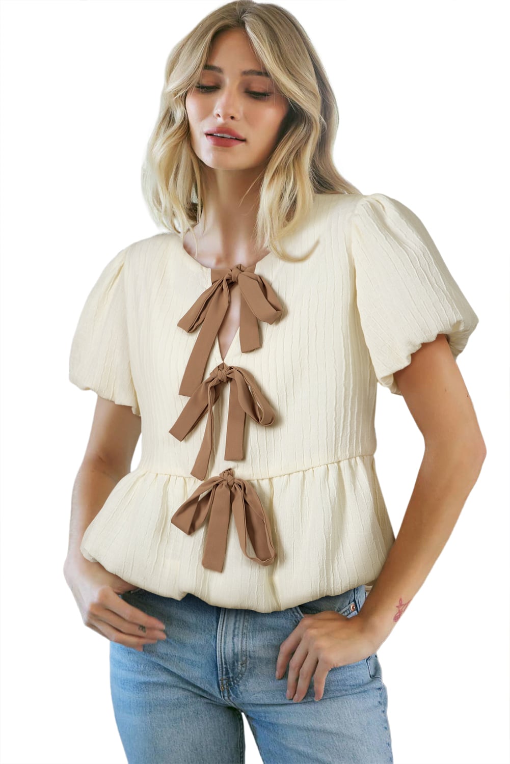White Textured Bow Ties Front Bubble Hem Puff Short Sleeve Blouse