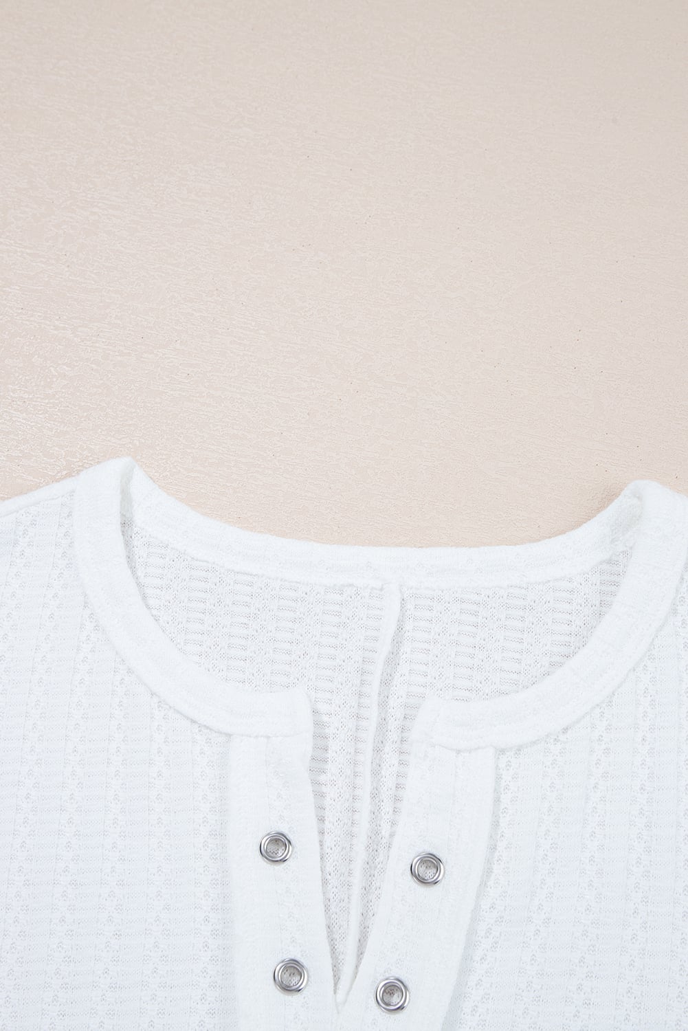 White Textured Hollow Grommet Placket Split Neck Short Sleeve Top