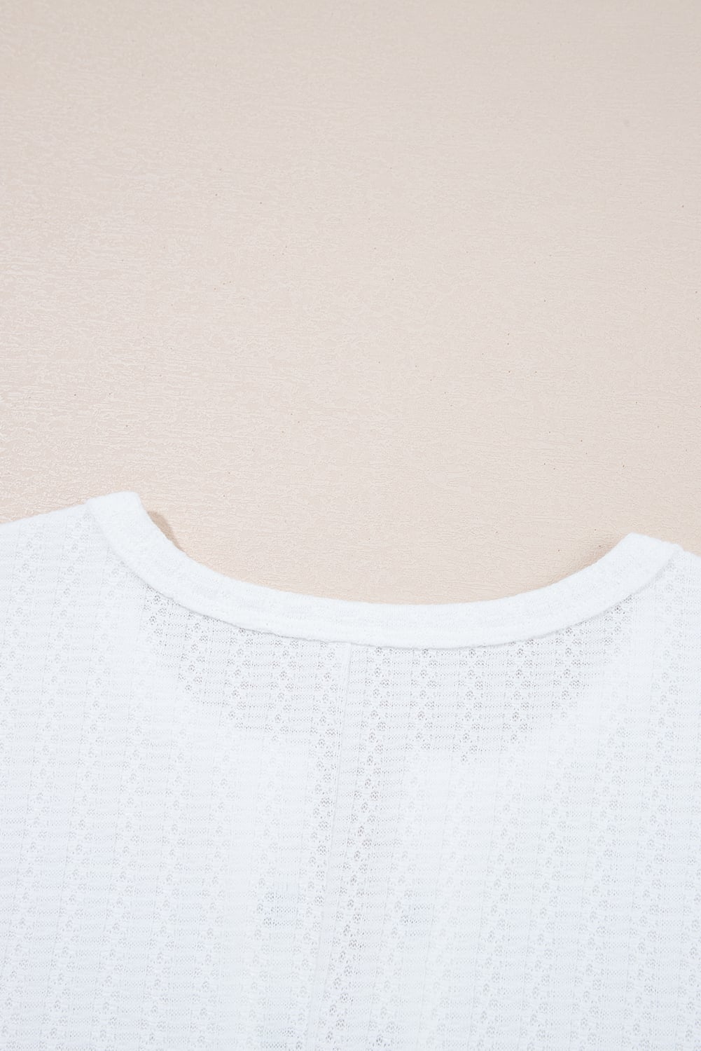 White Textured Hollow Grommet Placket Split Neck Short Sleeve Top
