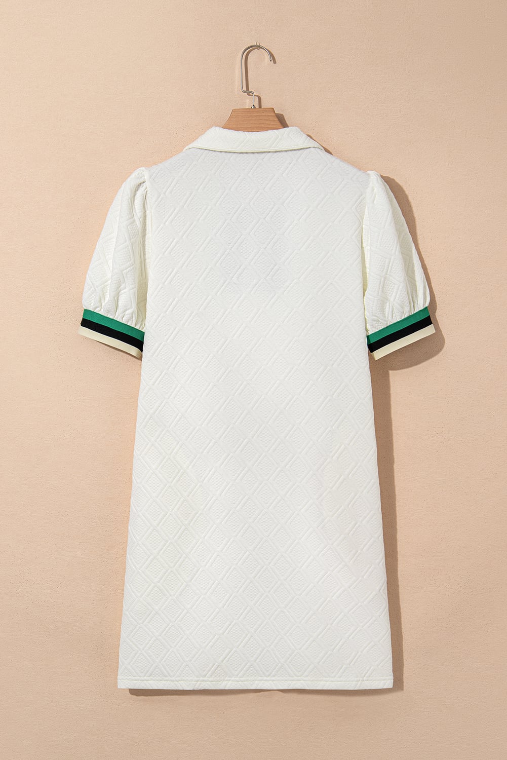 White Textured Jacquard Colorblock Edge Puff Sleeve Quarter Zip Mini Dress