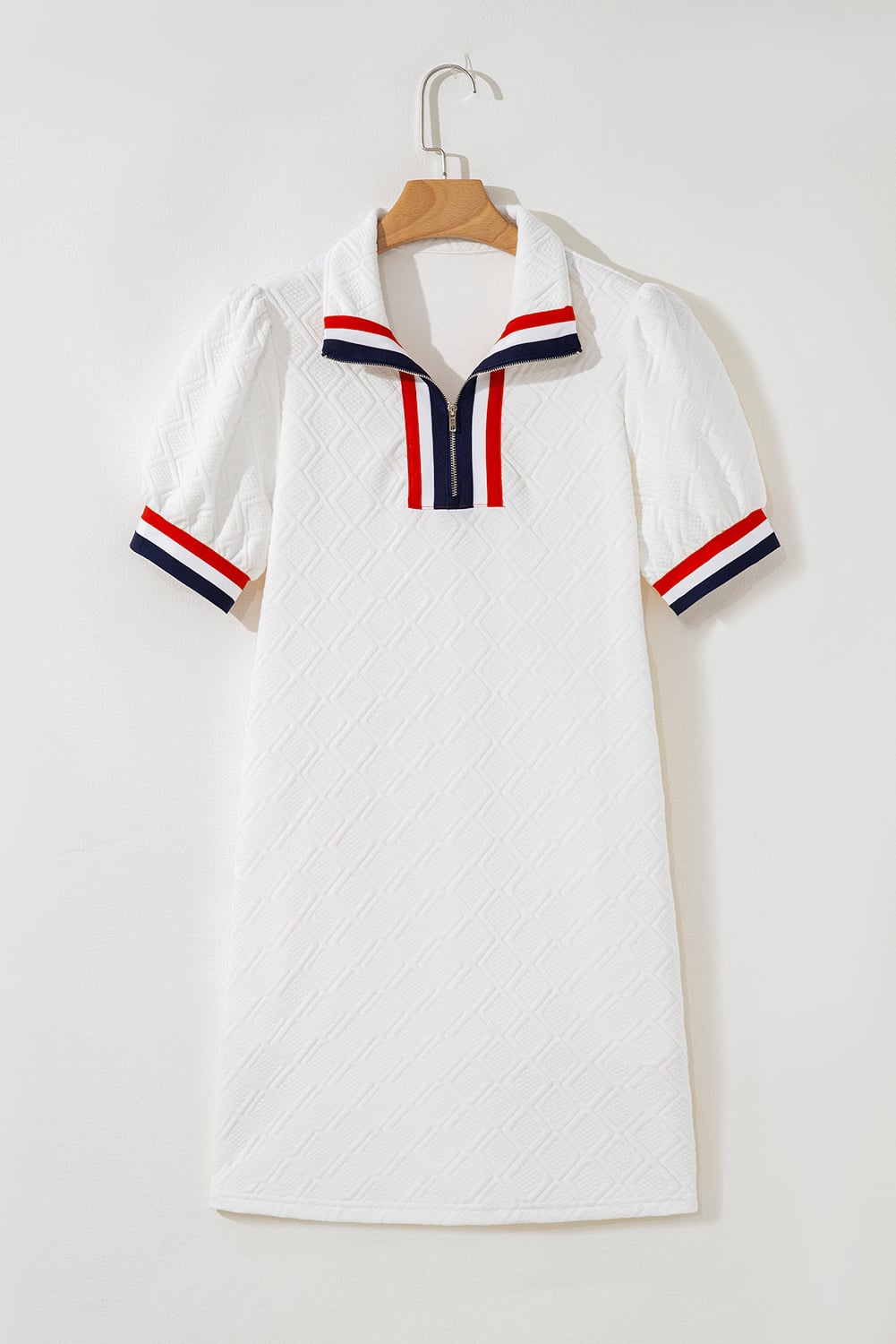 White Textured Jacquard Colorblock Edge Puff Sleeve Quarter Zip Mini Dress