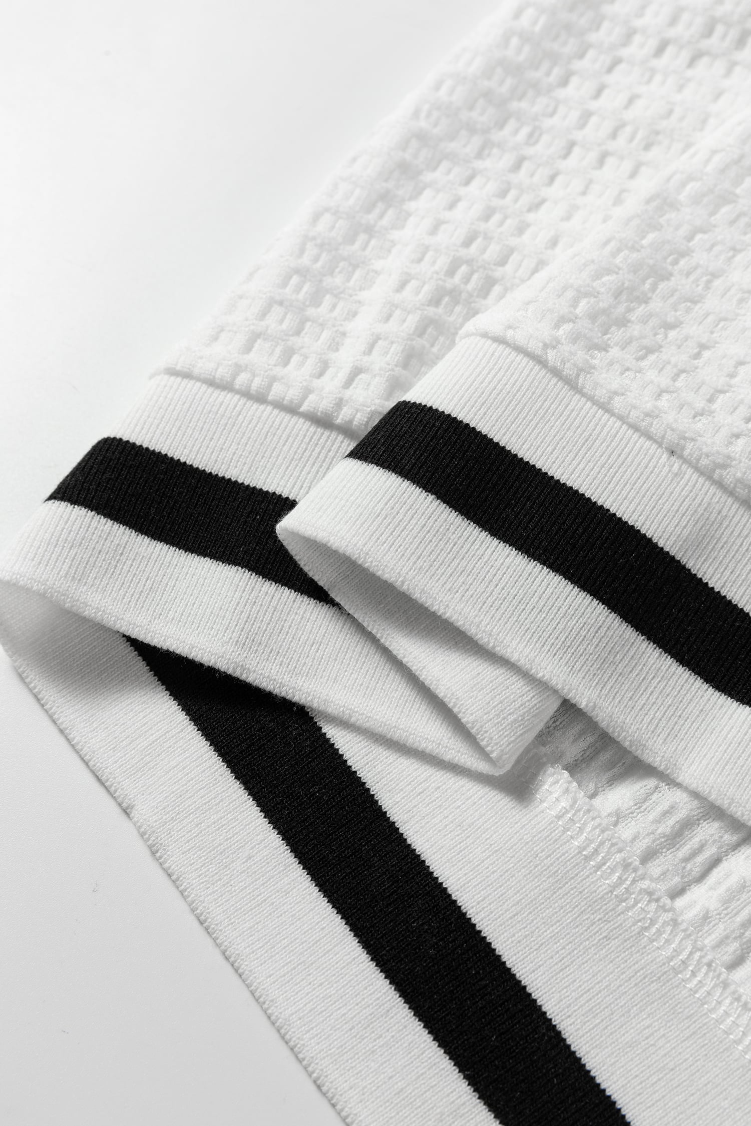 White Textured Knit Preppy Striped Trim V Neck Pullover Waffle Top