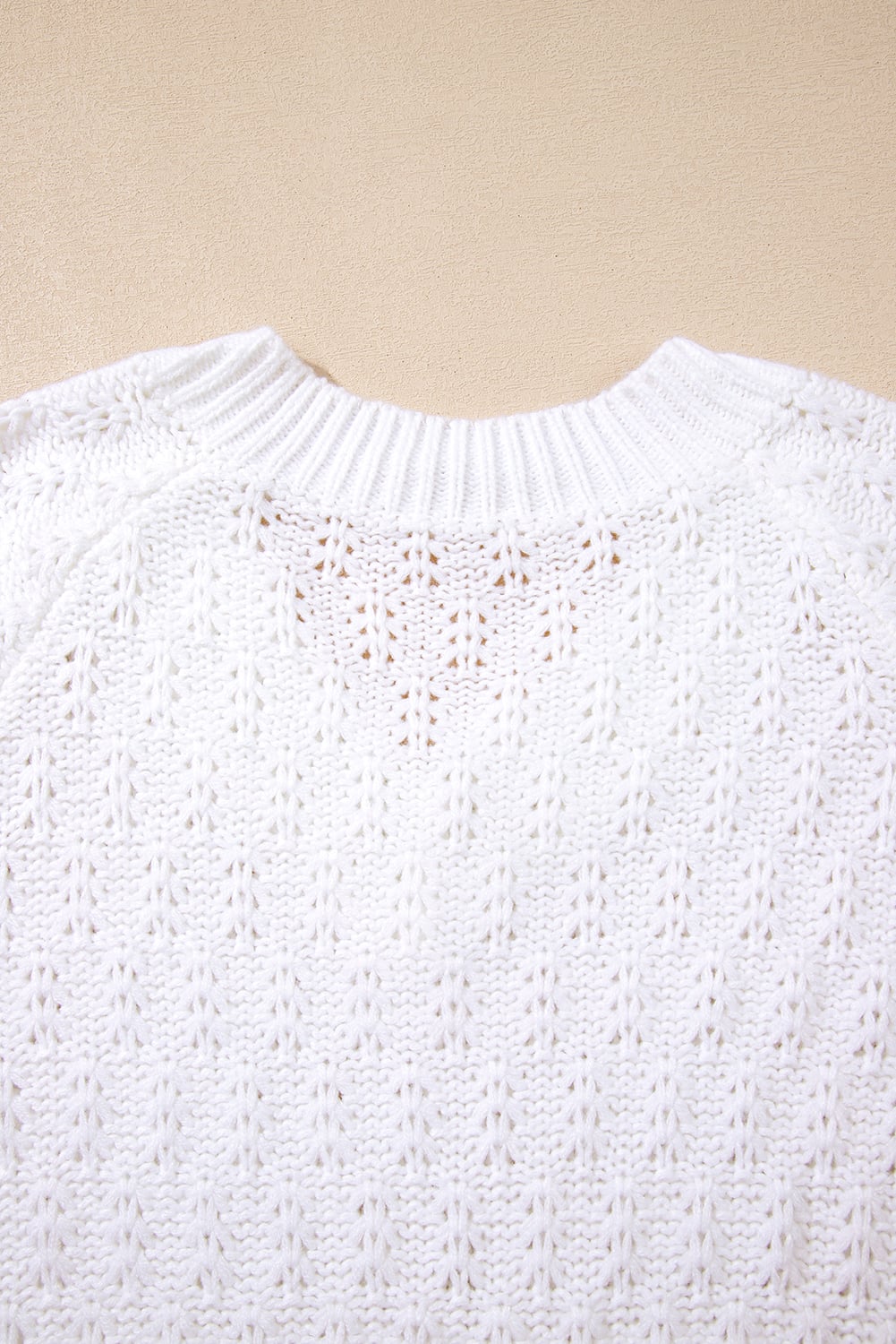 White Textured Knit Ribbed Edge V Neck Loose Sweater