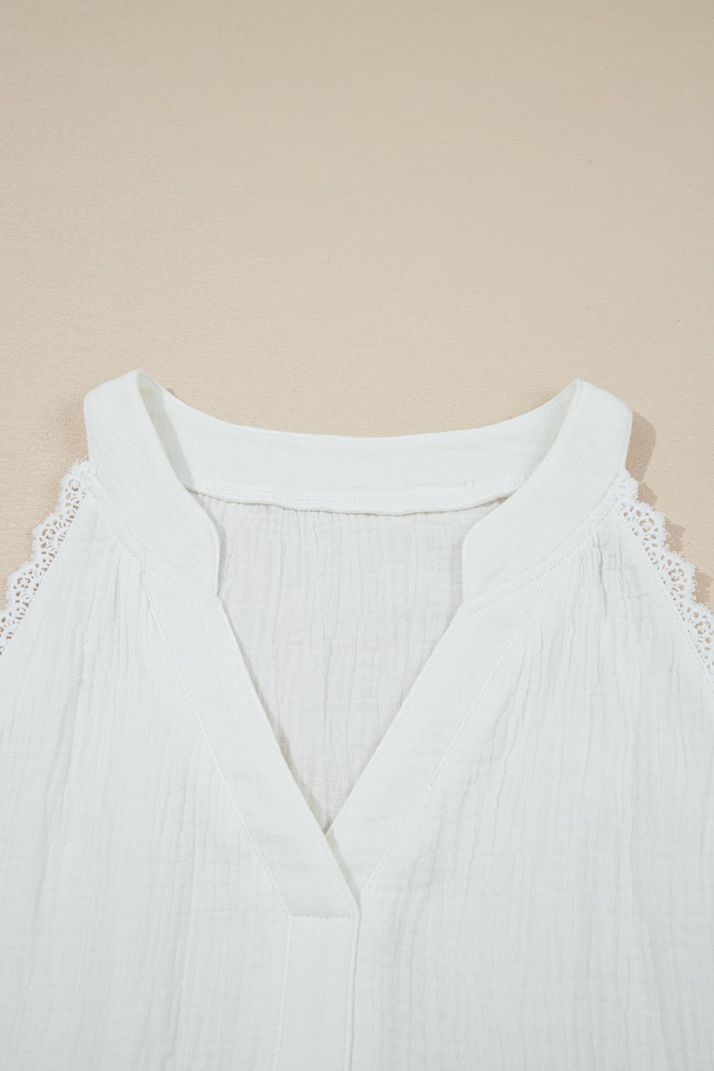 White Textured Lace Trim Pure Cotton Sleeveless Top