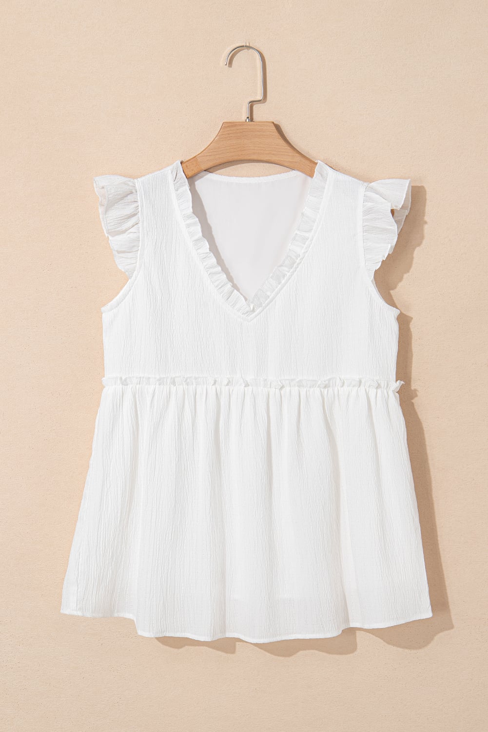 White Textured Ruffled Trim V Neck Flutter Flowy Top