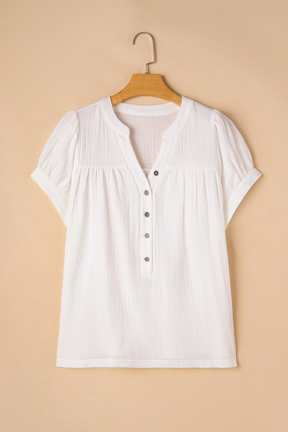White Textured Short Sleeve Buttons Frayed Blouse