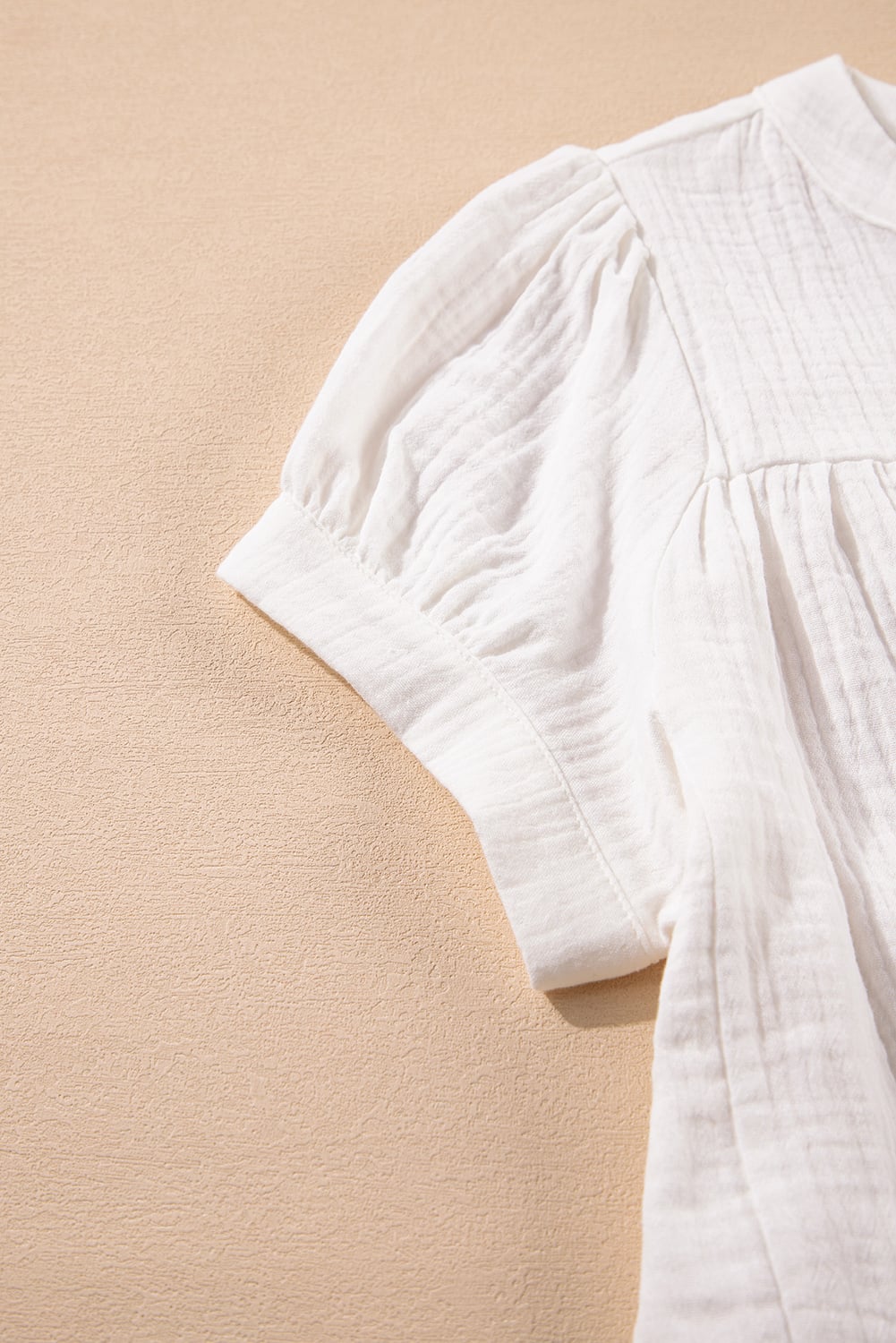 White Textured Short Sleeve Buttons Frayed Blouse