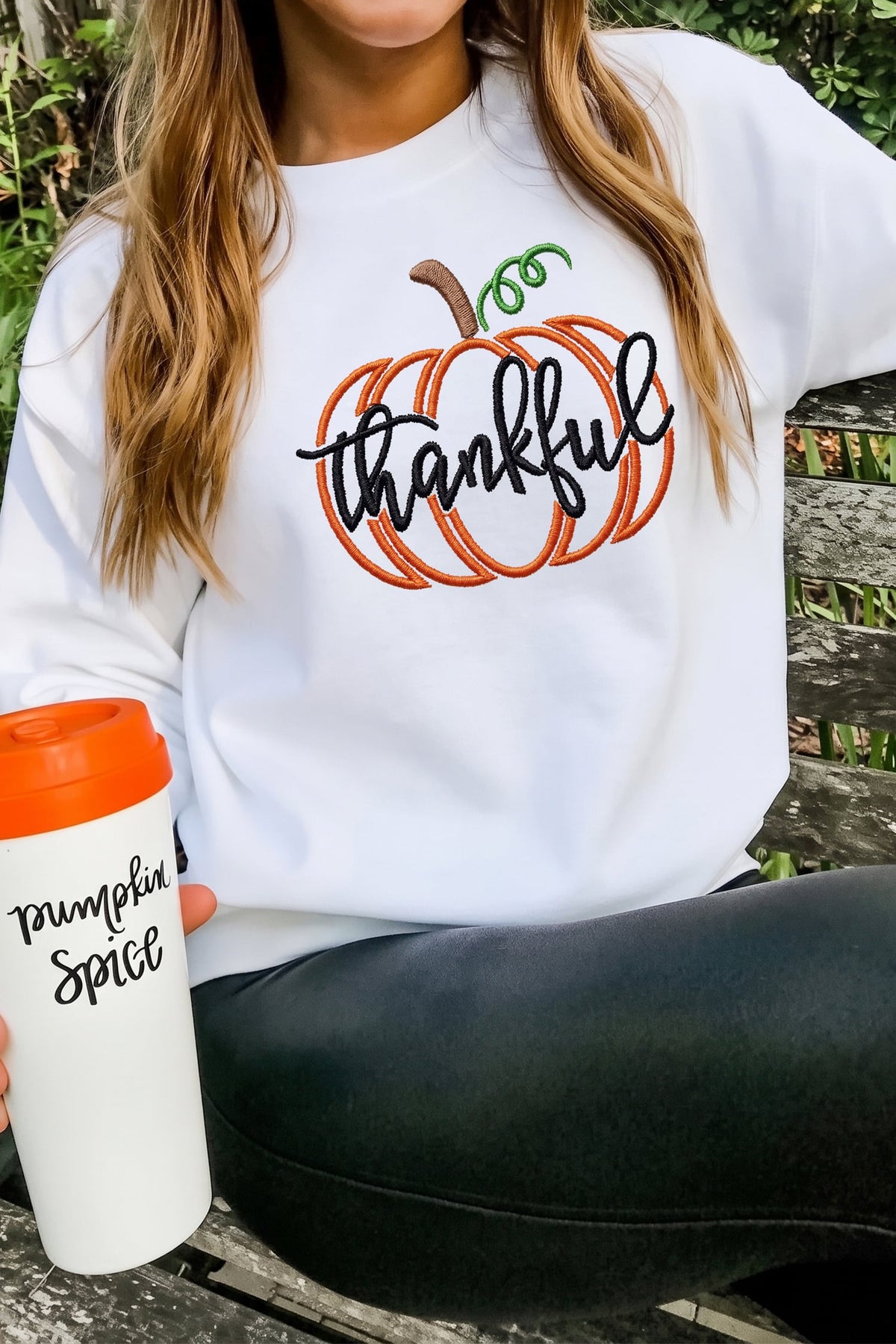 White Thankful Pumpkin Embroidered Pullover Graphic Sweatshirt
