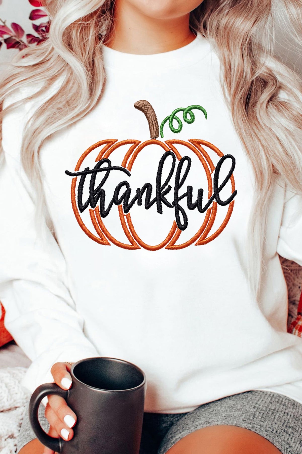 White Thankful Pumpkin Embroidered Pullover Graphic Sweatshirt
