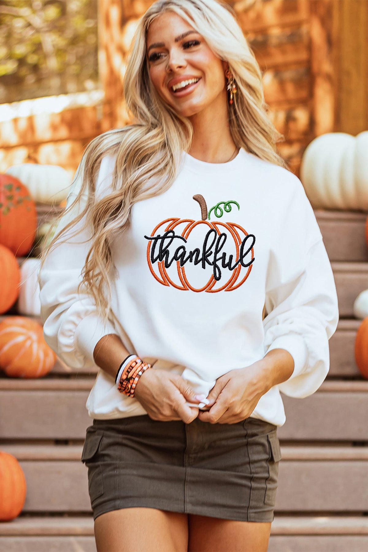 White Thankful Pumpkin Embroidered Pullover Graphic Sweatshirt