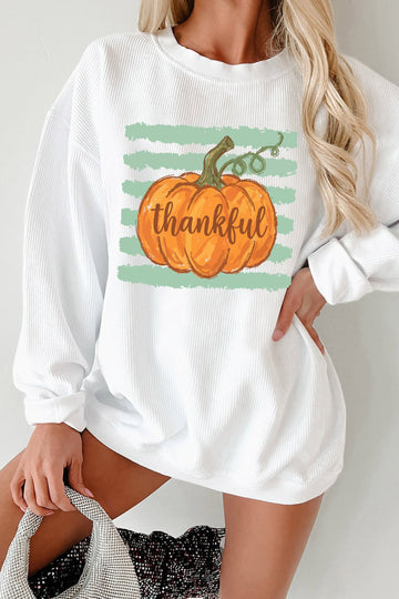 White Thankful Pumpkin Ribbed Tunic Pullover Sweatshirt