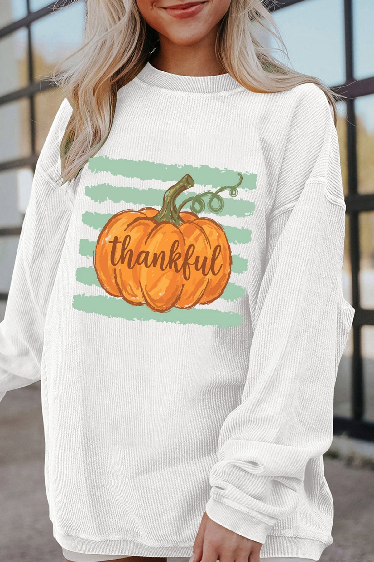 White Thankful Pumpkin Ribbed Tunic Pullover Sweatshirt