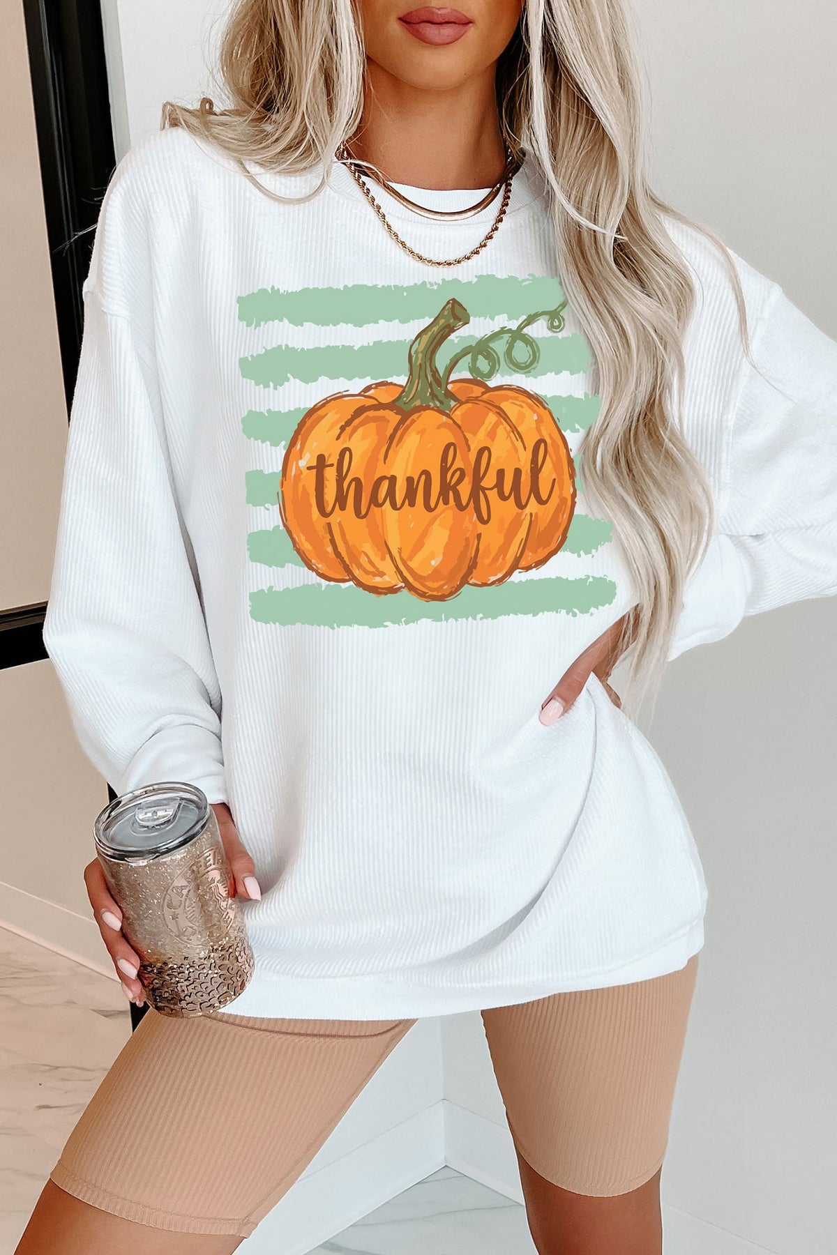 White Thankful Pumpkin Ribbed Tunic Pullover Sweatshirt