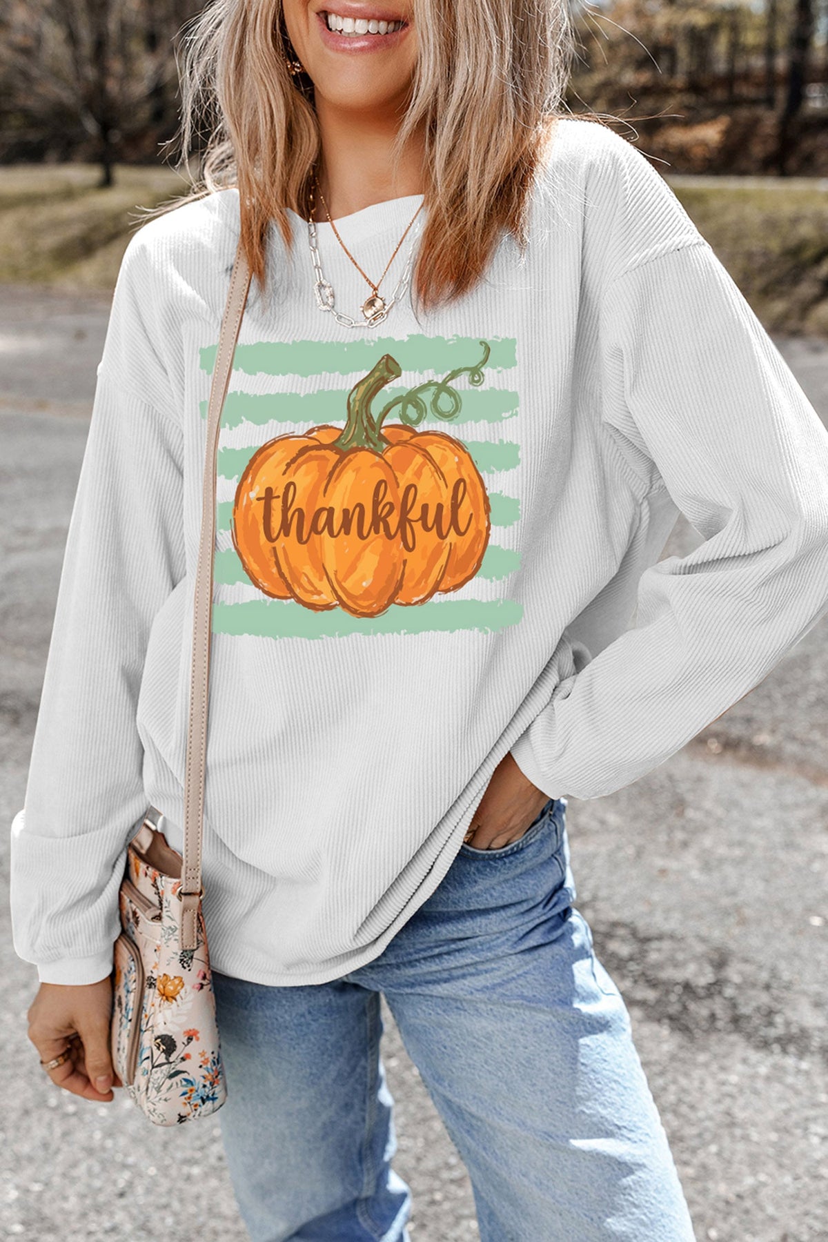 White Thankful Pumpkin Ribbed Tunic Pullover Sweatshirt