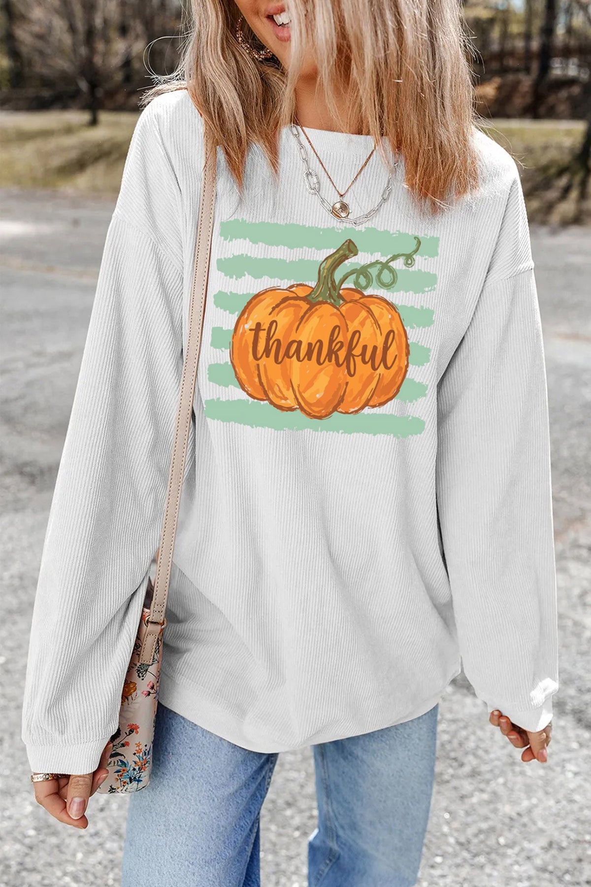 White Thankful Pumpkin Ribbed Tunic Pullover Sweatshirt