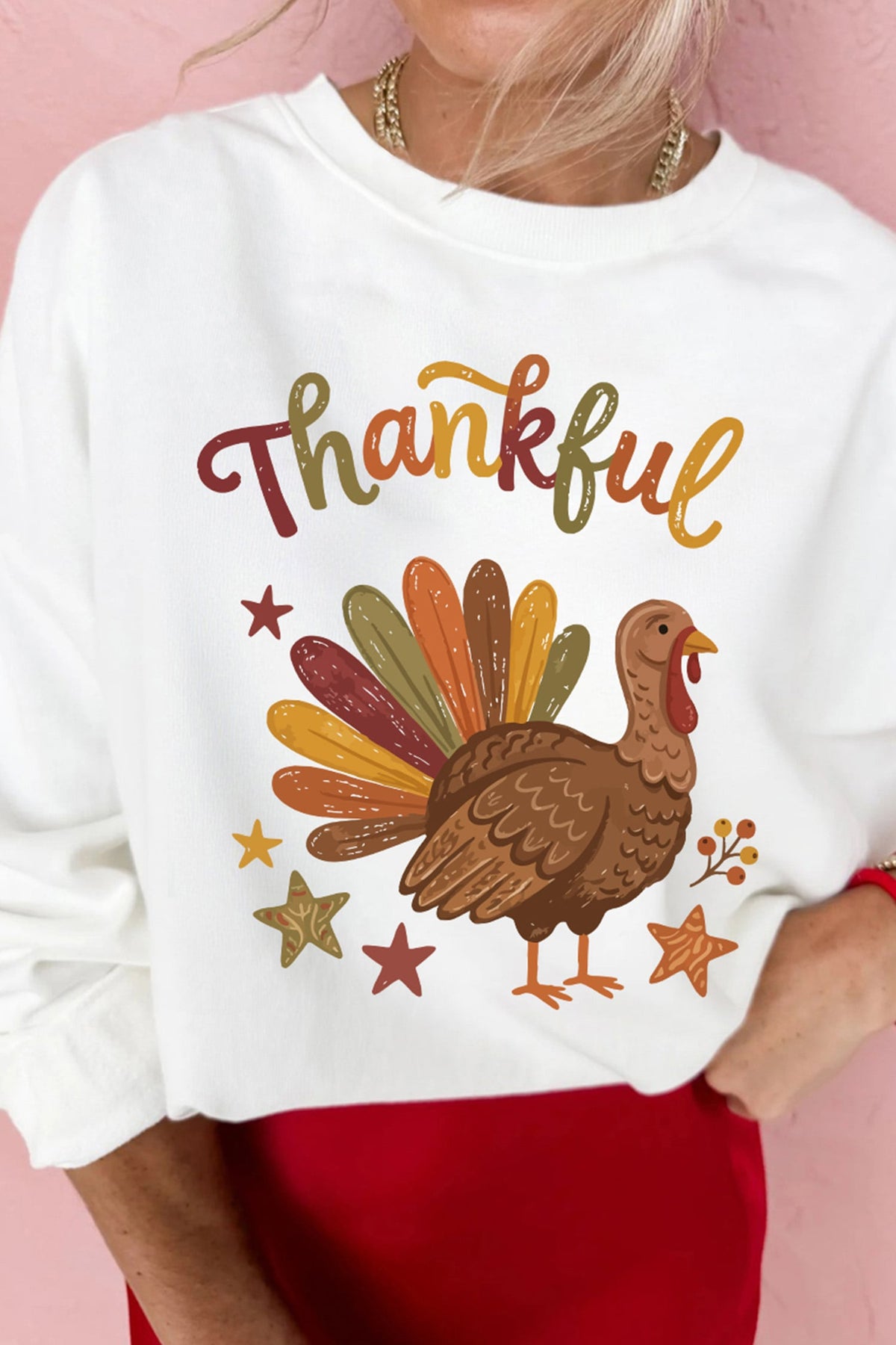 White Thankful Turkey Graphic Crewneck Pullover Sweatshirt