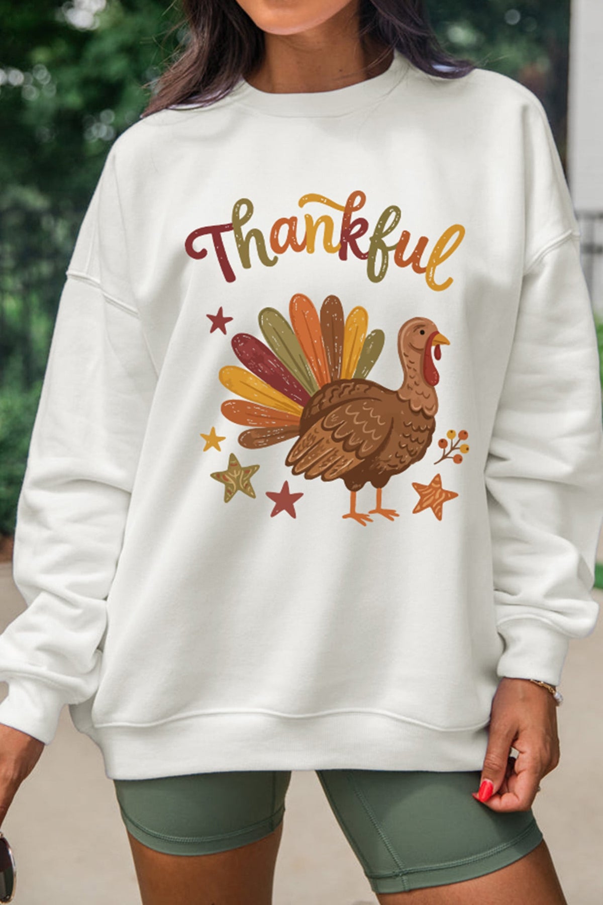 White Thankful Turkey Graphic Crewneck Pullover Sweatshirt