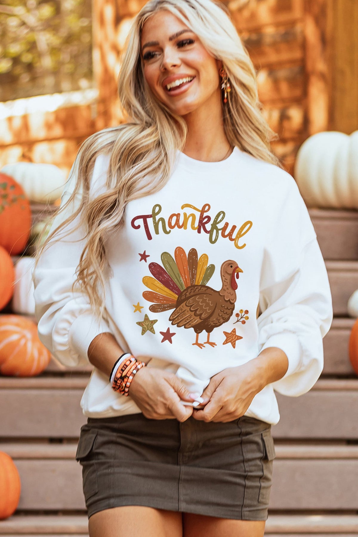 White Thankful Turkey Graphic Crewneck Pullover Sweatshirt