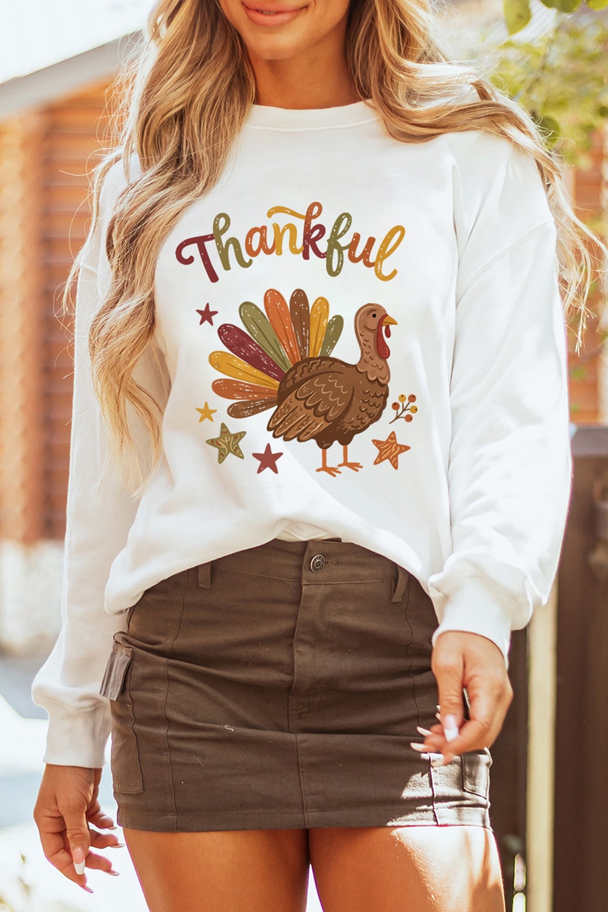 White Thankful Turkey Graphic Crewneck Pullover Sweatshirt