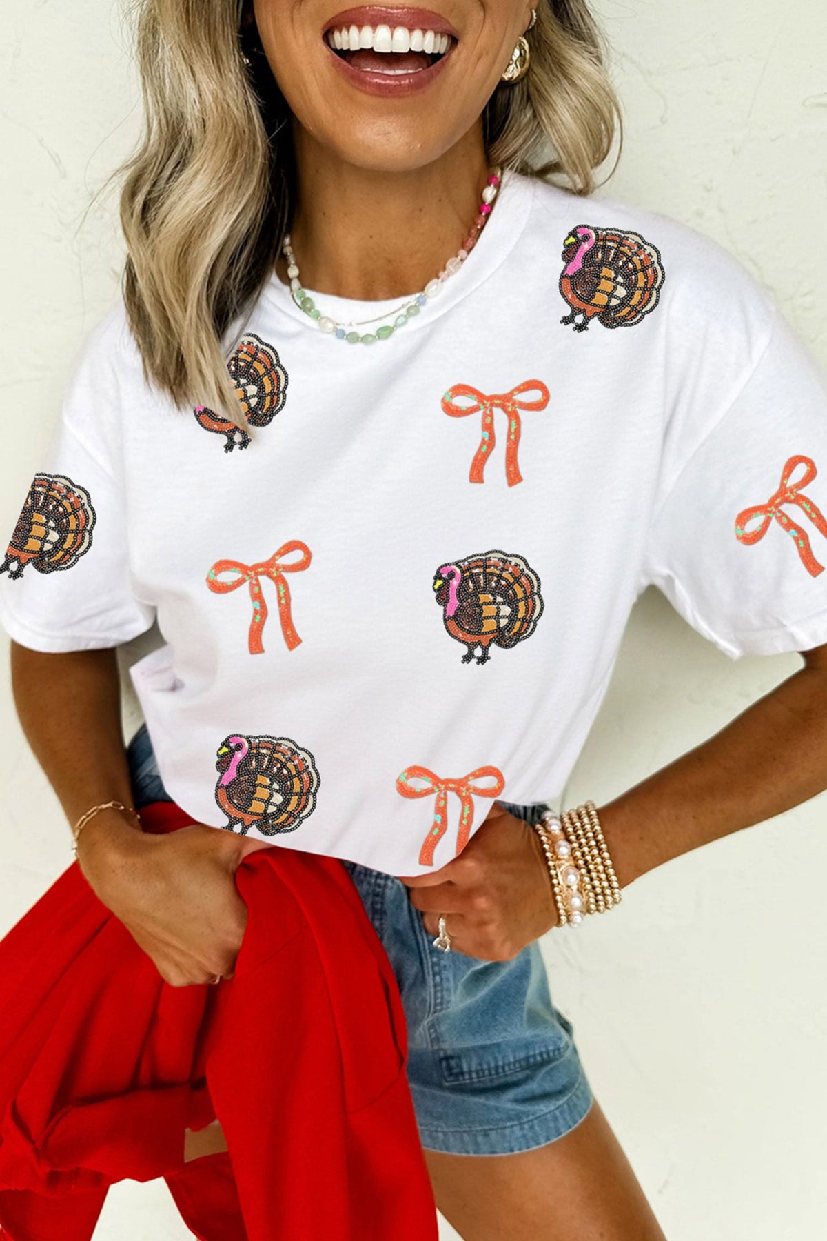 White Thanksgiving Sequin Turkey Round Neck T-Shirt