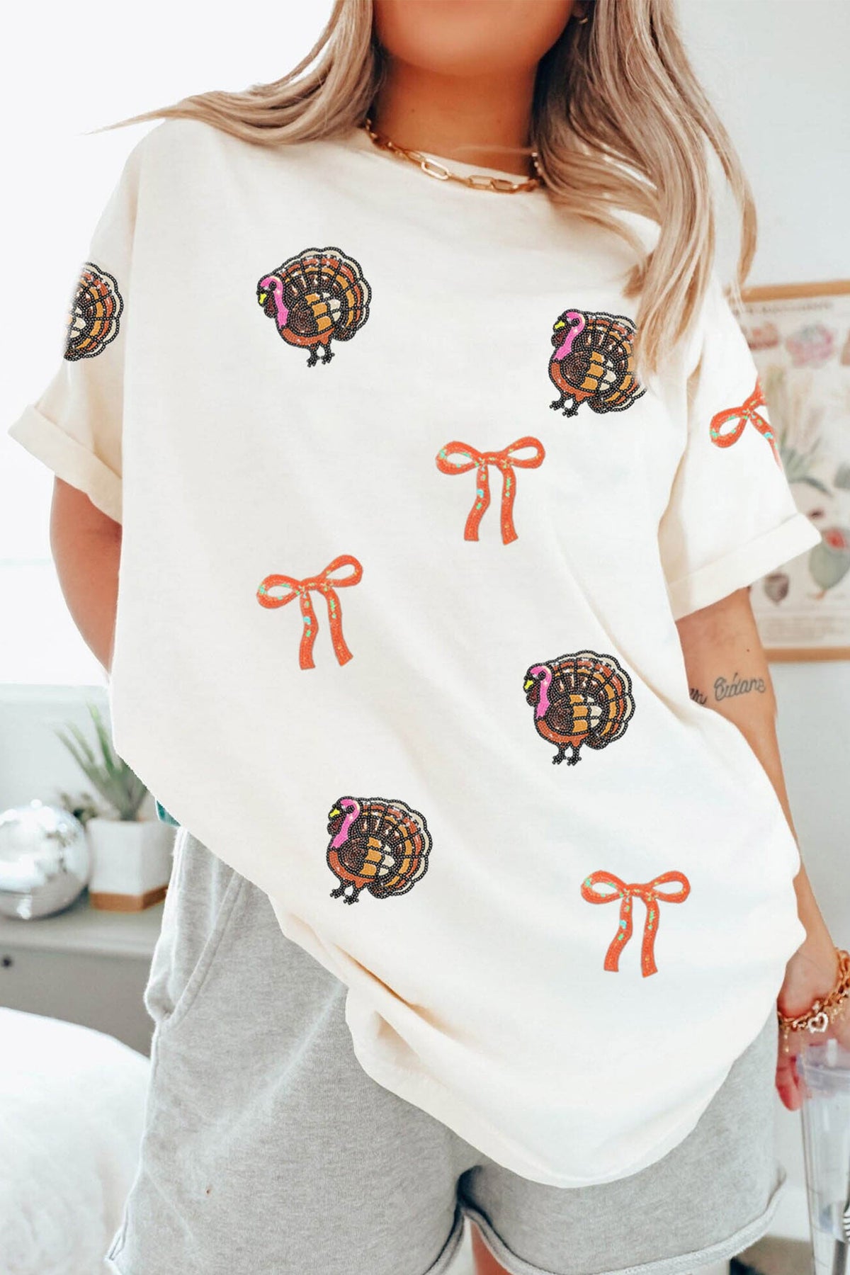 White Thanksgiving Sequin Turkey Round Neck T-Shirt