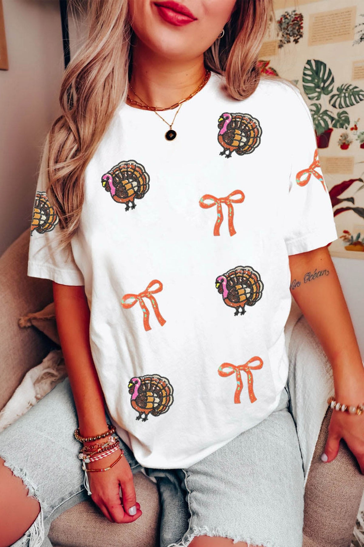 White Thanksgiving Sequin Turkey Round Neck T-Shirt