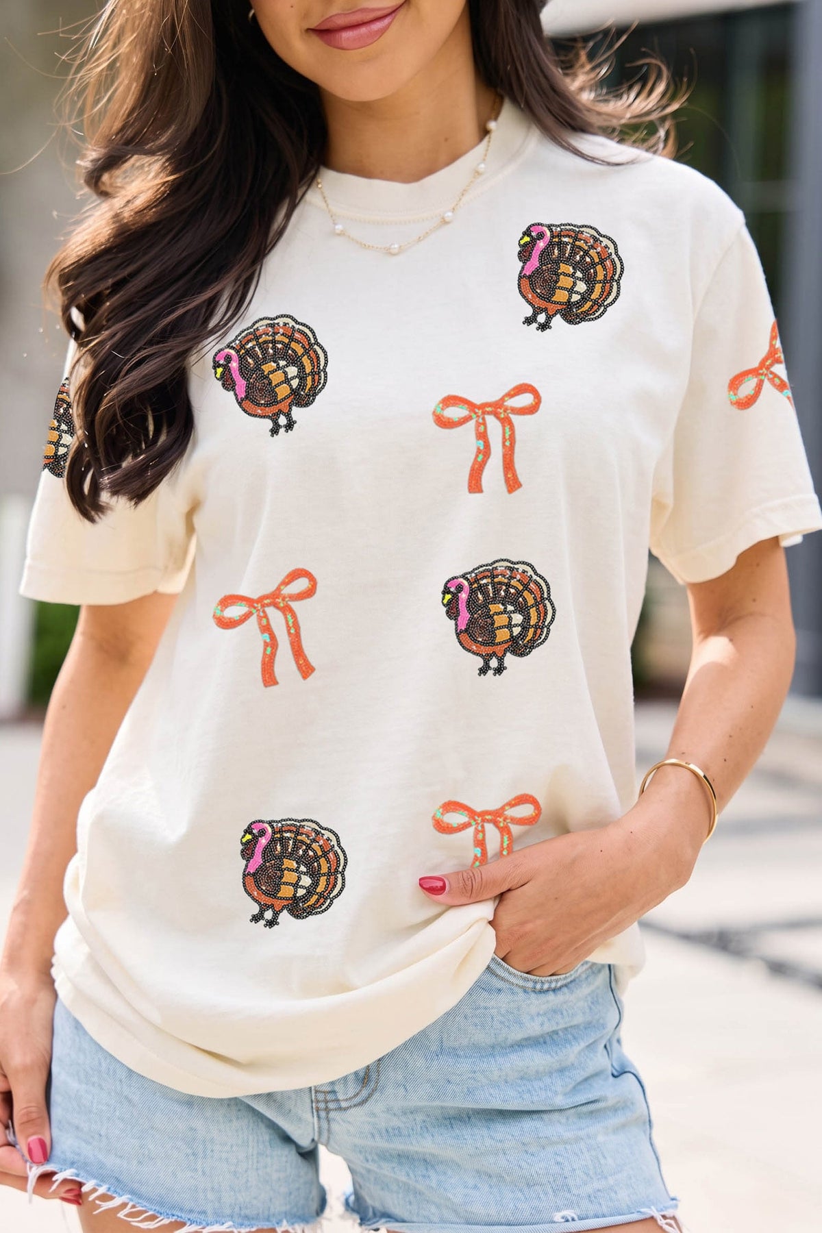 White Thanksgiving Sequin Turkey Round Neck T-Shirt