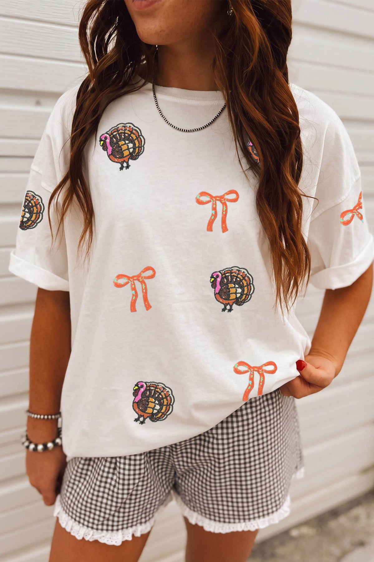 White Thanksgiving Sequin Turkey Round Neck T-Shirt