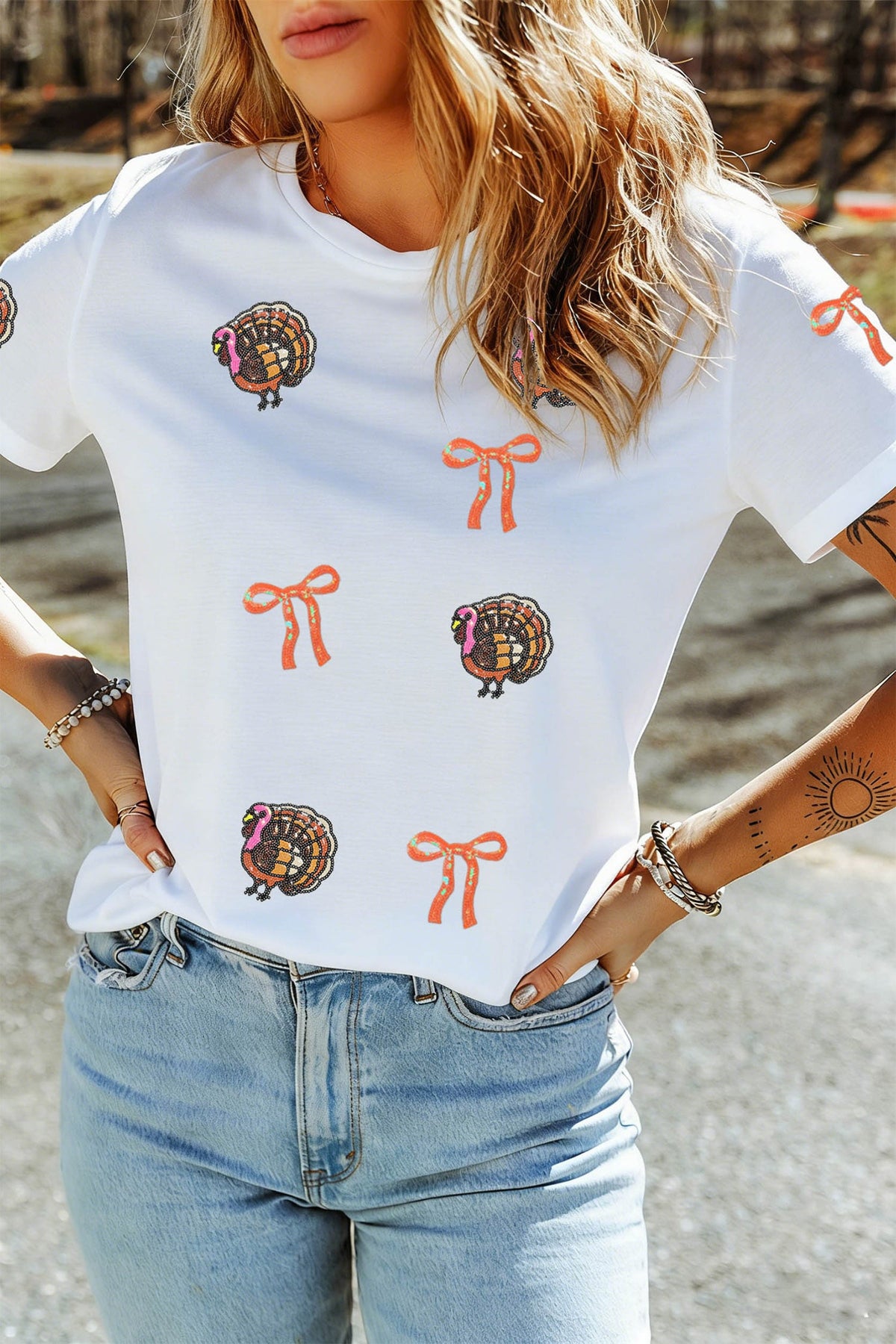 White Thanksgiving Sequin Turkey Round Neck T-Shirt