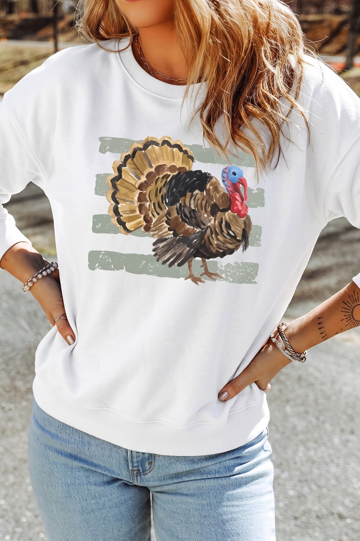 White Thanksgiving Turkey Crewneck Pullover Sweatshirt
