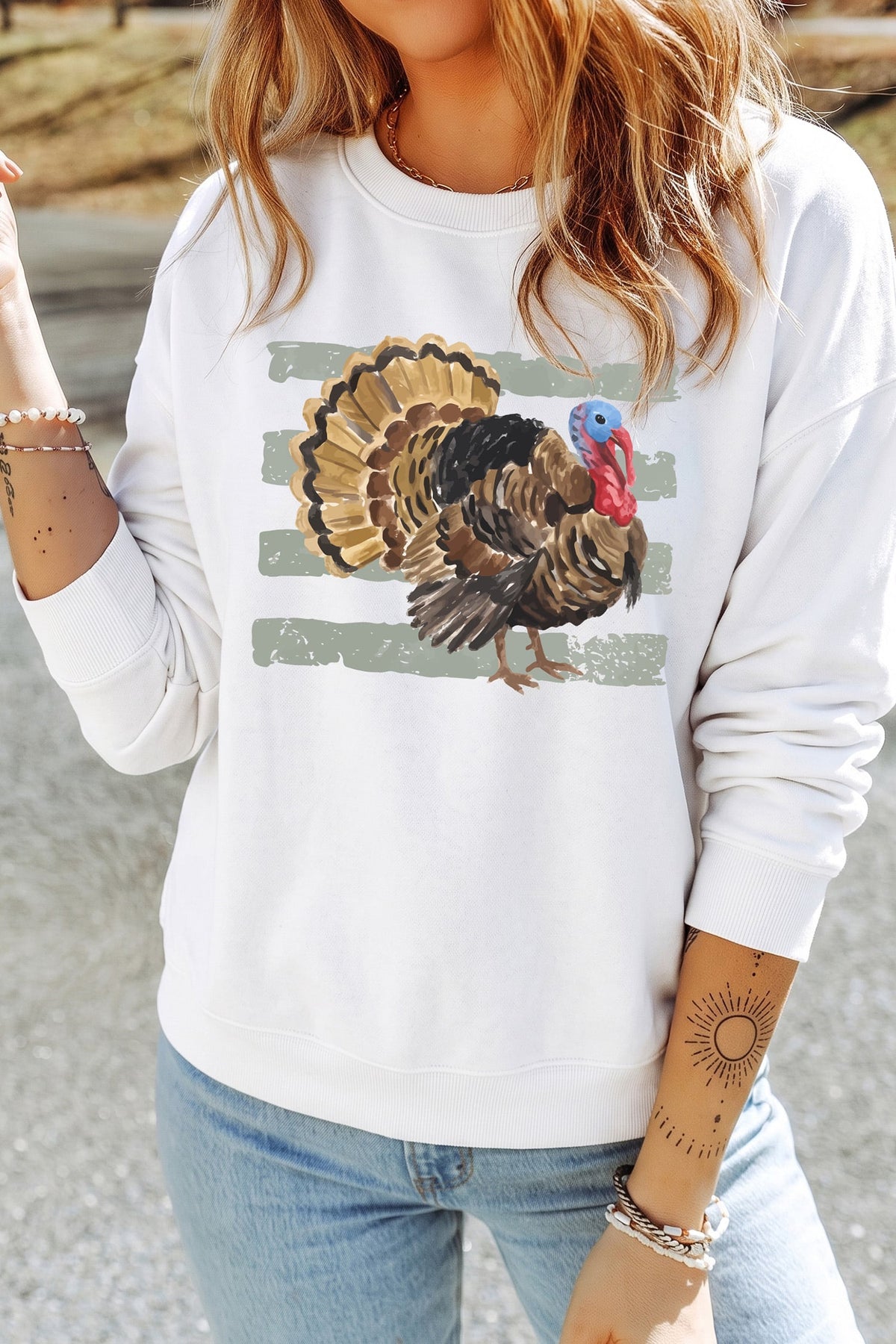 White Thanksgiving Turkey Crewneck Pullover Sweatshirt