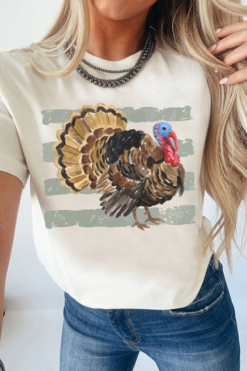 White Thanksgiving Turkey Print Short Sleeve T-Shirt