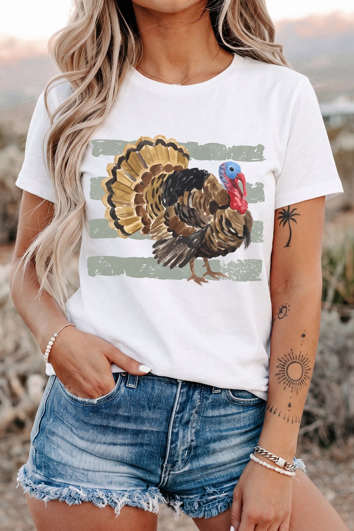 White Thanksgiving Turkey Print Short Sleeve T-Shirt