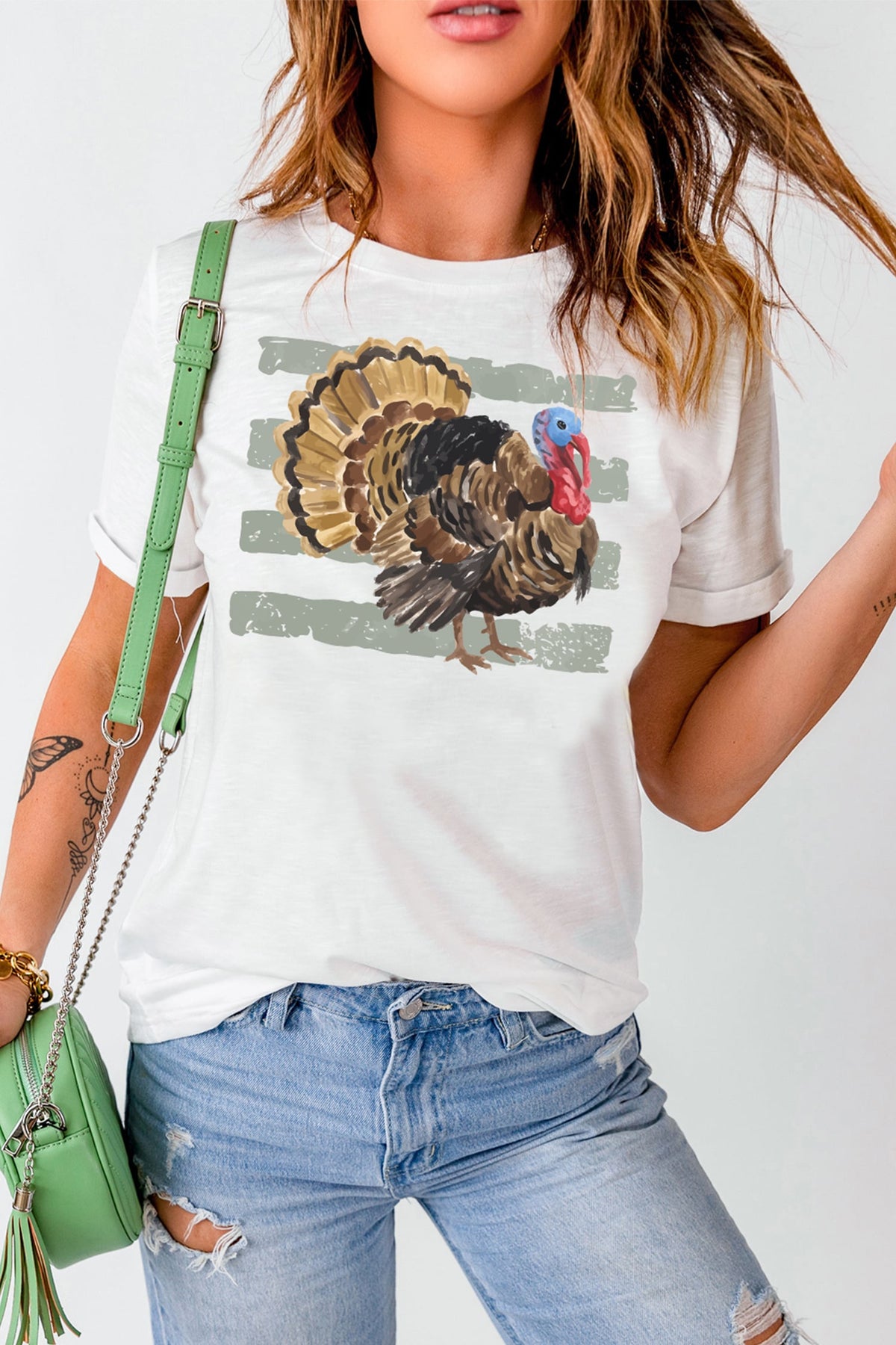 White Thanksgiving Turkey Print Short Sleeve T-Shirt