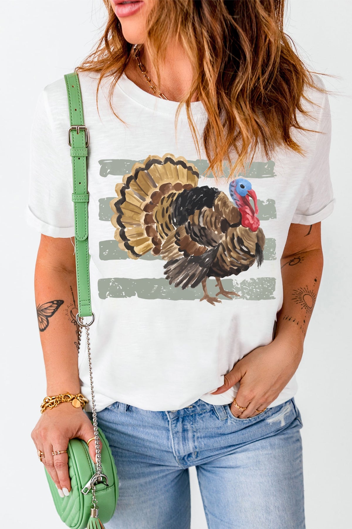 White Thanksgiving Turkey Print Short Sleeve T-Shirt