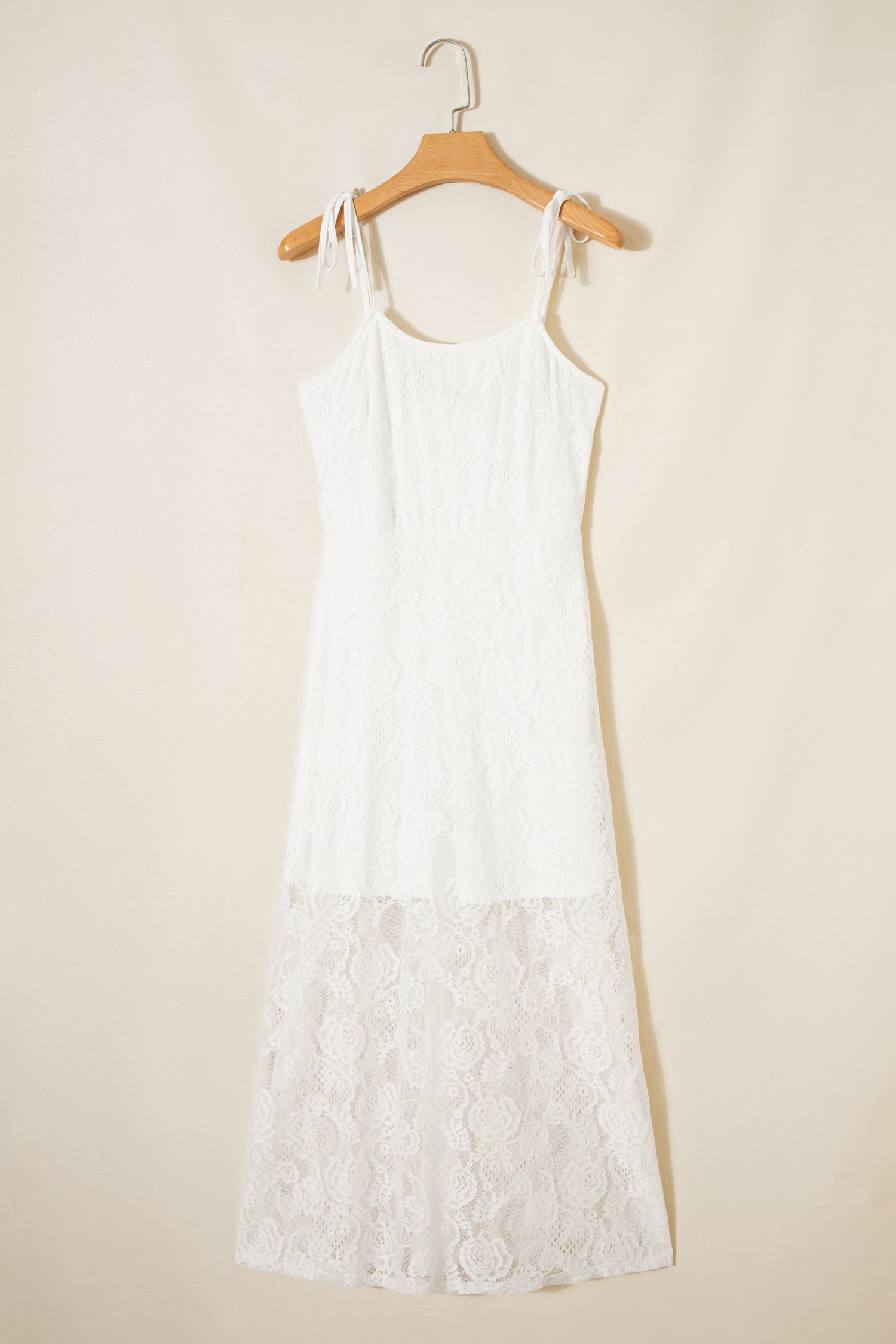 White Tie Spaghetti Straps Floral Lace Overlay Long Dress
