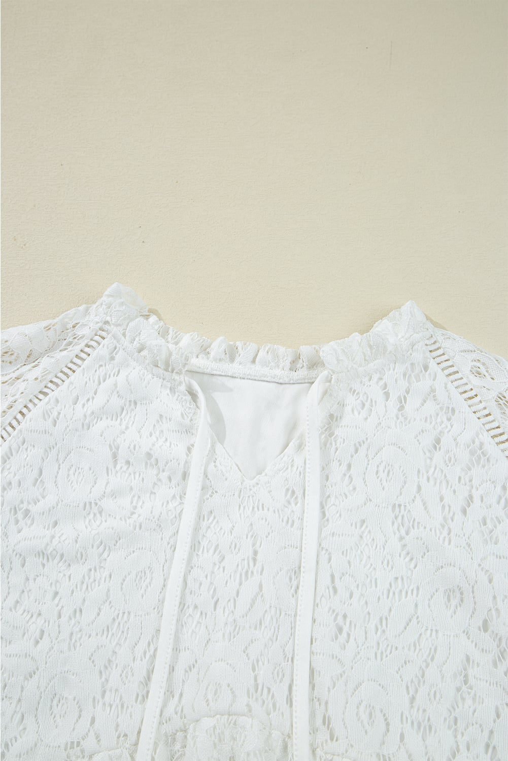 White Tie V Neck Lace Ruffle Detail Long Sleeve Blouse