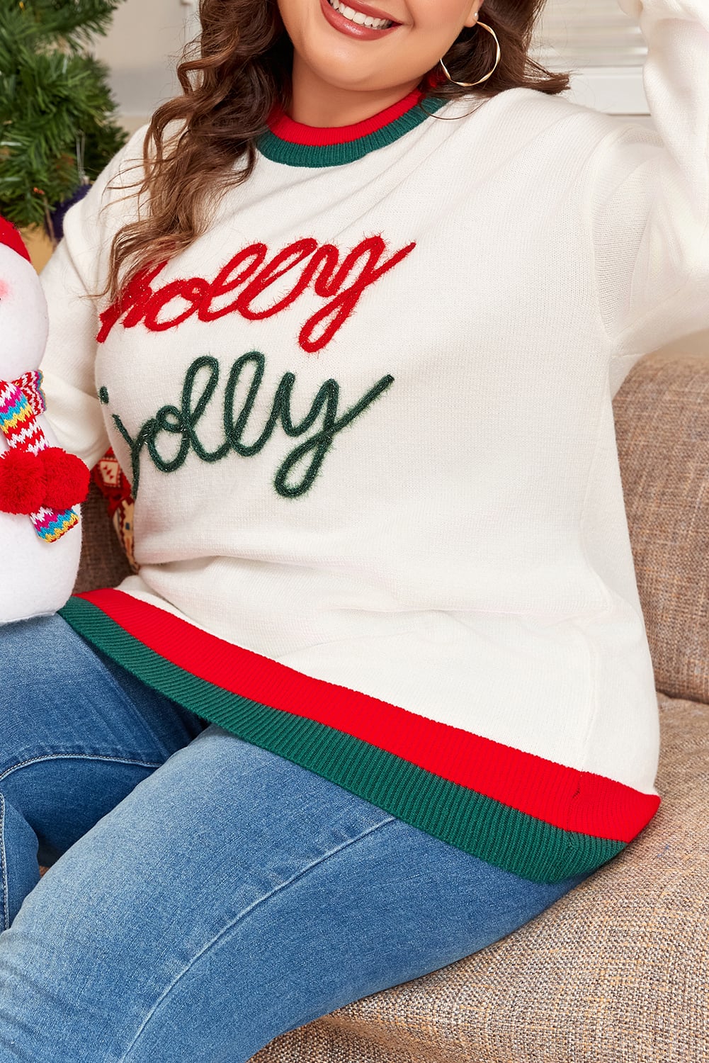 White Tinsel holly jolly Pattern Colorblock Edge Drop Shoulder Plus Size Sweater